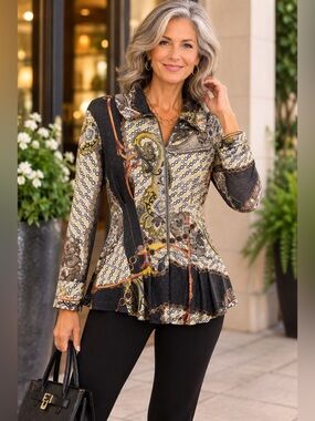 IQ Paris Boutique Paisley Zip Front Top Large Sparkle Peplum Flare Hem